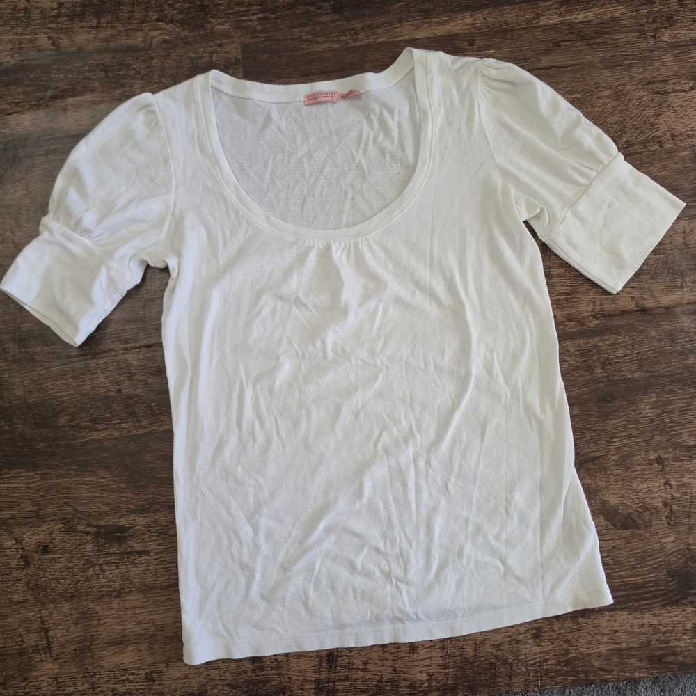 JUICY COUTURE Scoop Neck Top Womens L White Puff Sleeve‎ Pointelle JG000358